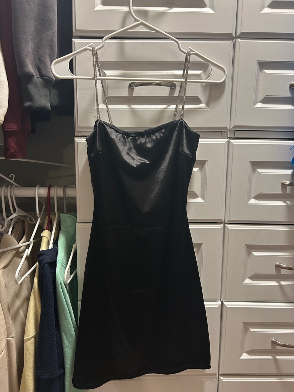 Black Satin Slip Dress with Embellished Straps